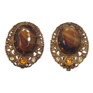Vtg W Germany Filigree Clip-on Earrings Tigers Eye Art Glass Cab Ornate 50s Stmt
